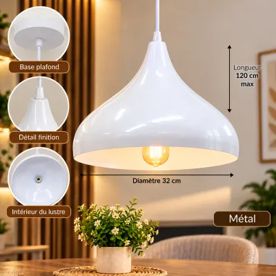 Lustre Suspendu Blanc en Métal – Forme Goutte Ø32 cm – B05-3 | Top Déco Tunisie