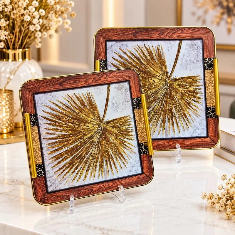 Set de 2 Plateaux Décoratifs Carrés – Effet Bois & Motif Feuille Dorée – 35/30 cm