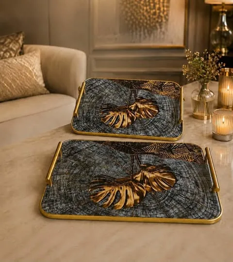 Set de 2 Plateaux Décoratifs Rectangulaires – Motif Feuilles Dorées & Design Marbré Noir