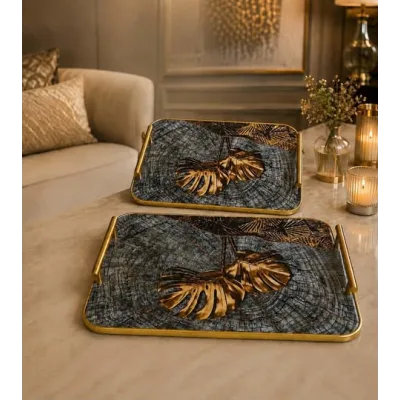 Set de 2 Plateaux Décoratifs Rectangulaires – Motif Feuilles Dorées & Design Marbré Noir | Top Déco Tunisie