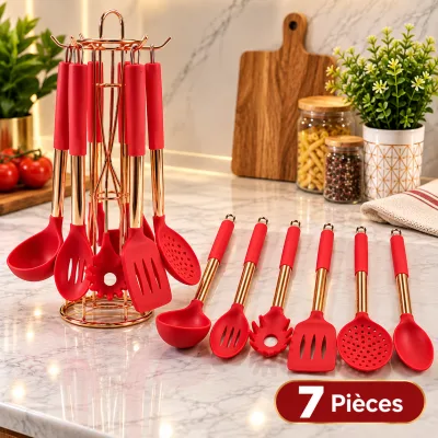 Set d’Ustensiles de Cuisine en Silicone Rouge avec Support – 7 Pièces | Top Déco Tunisie