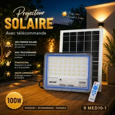 Projecteur Solaire LED 100W avec Télécommande – JORTAN | Top Déco Tunisie