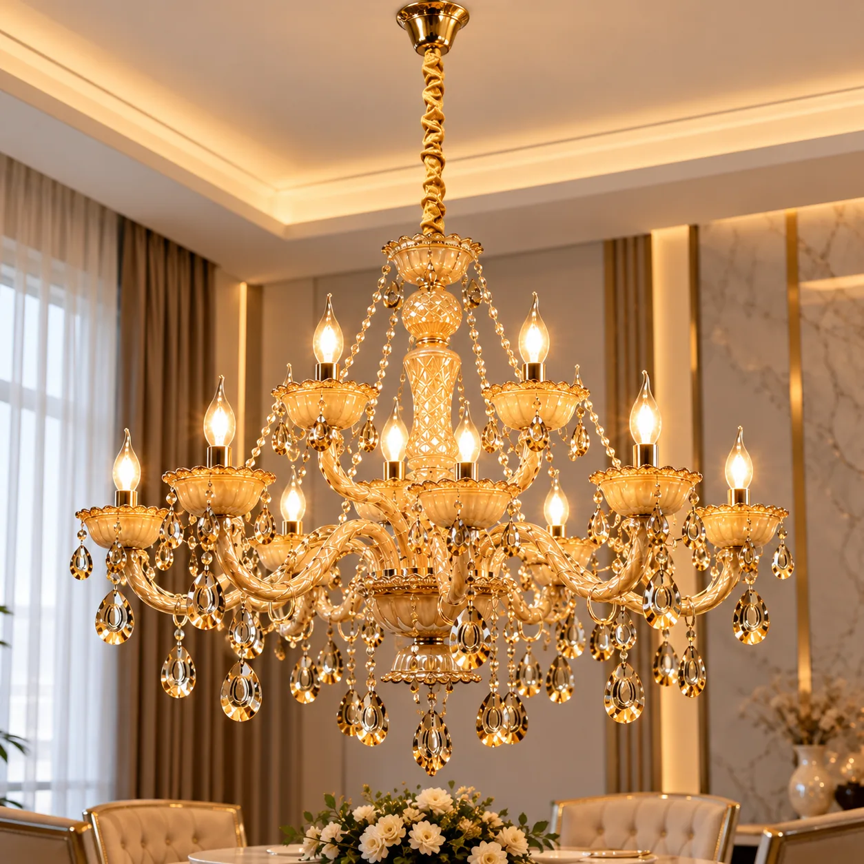 Lustre Cristal Doré 12 Branches