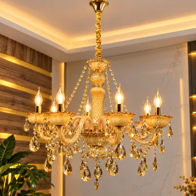 Lustre Classique en Cristal Doré – 8 Branches – Design Royal Élégant | Top Déco Tunisie