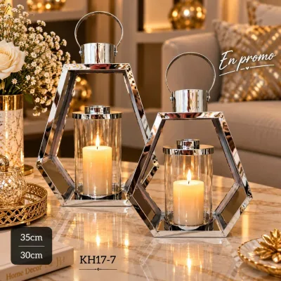 Set de 2 Lanternes Décoratives Argentées avec Photophore en Verre | Top Déco Tunisie