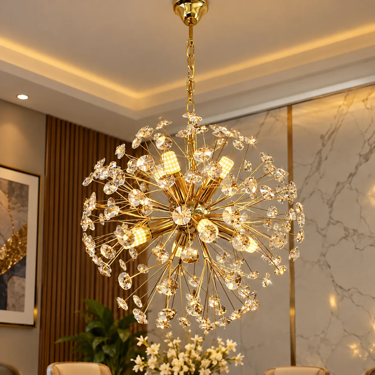 Lustre Pissenlit Doré 8 Lampes E14 – 45 cm Design Élégant