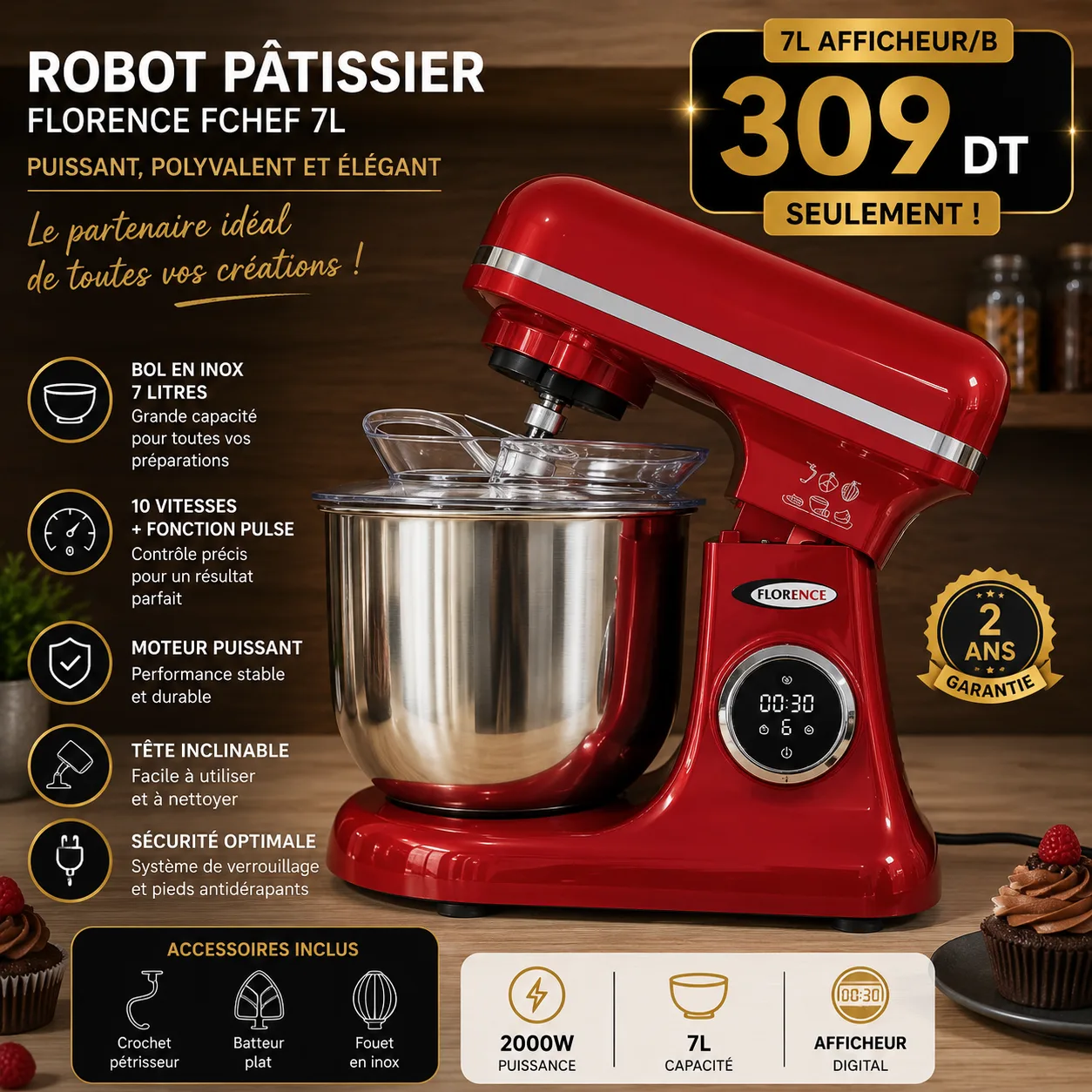 Pétrin Professionnel Florence Rouge 7L avec Afficheur | Top Déco Tunisie