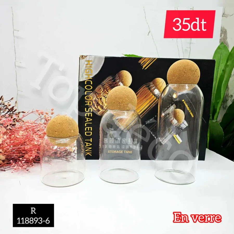 Set de 3 bocaux en verre avec couvercle en liège | Top Déco Tunisie