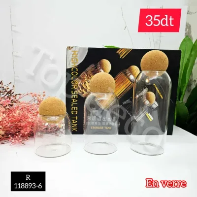 Set de 3 bocaux en verre avec couvercle en liège | Top Déco Tunisie