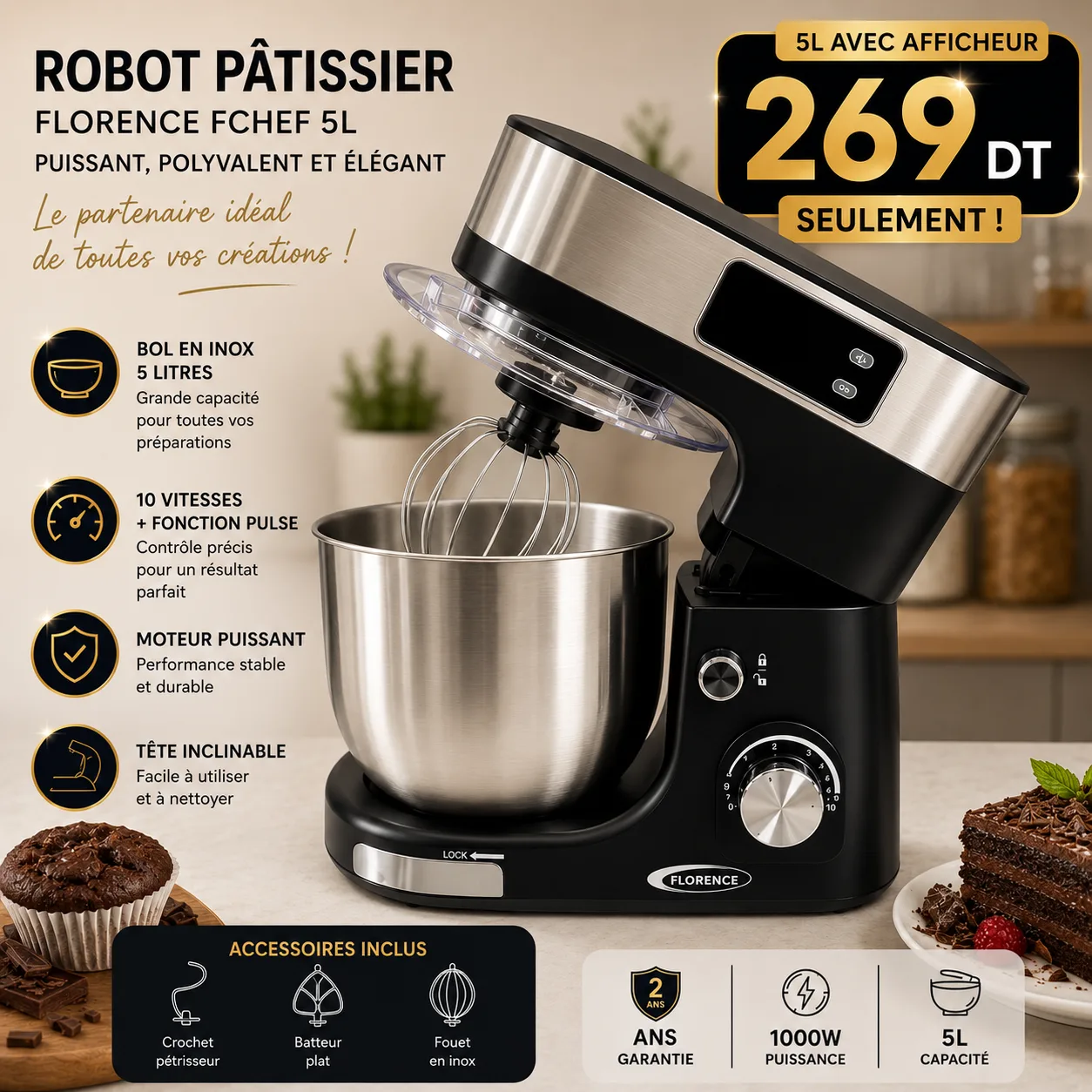 Robot Pétrin Florence Noir 5L avec Afficheur | Top Déco Tunisie