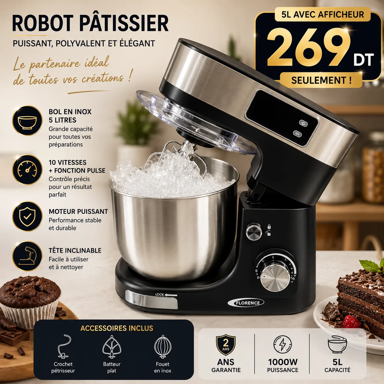 Robot Pétrin Florence Noir 5L avec Afficheur | Top Déco Tunisie