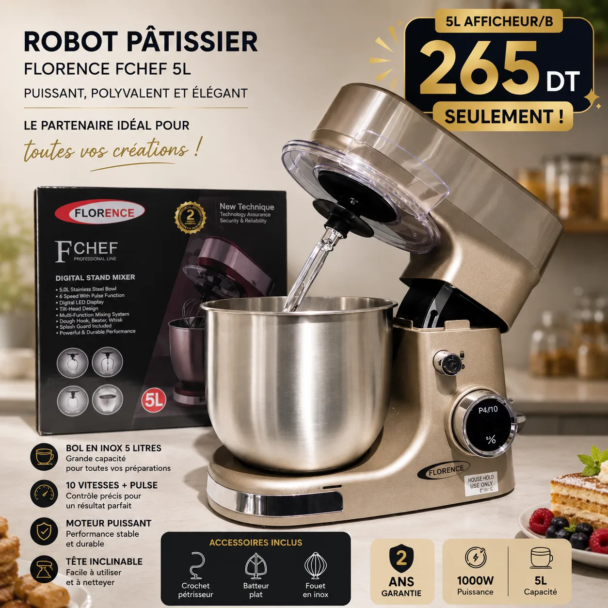 Pétrin Multifonction 5 Litres Beige Afficheur/B | Top Déco Tunisie
