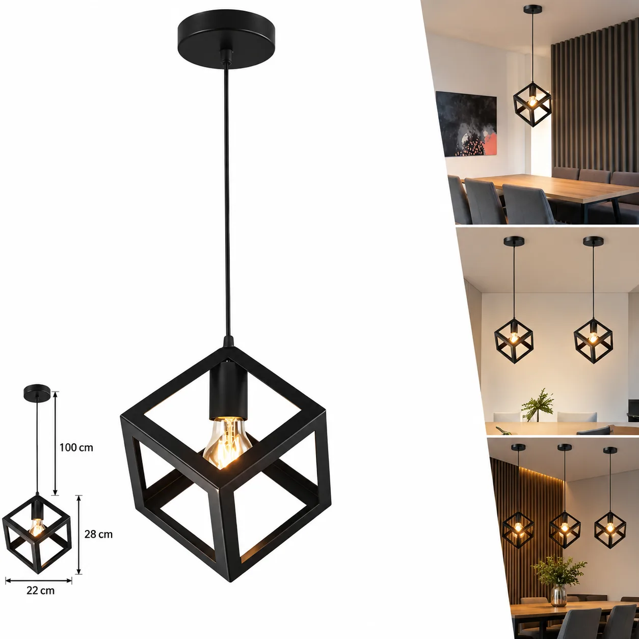 Lustre Suspendu Cube Géométrique Noir en Métal – Style Industriel Moderne
