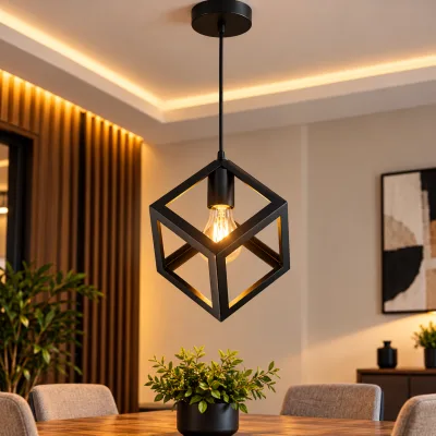 Lustre Suspendu Cube Géométrique Noir en Métal – Style Industriel Moderne | Top Déco Tunisie