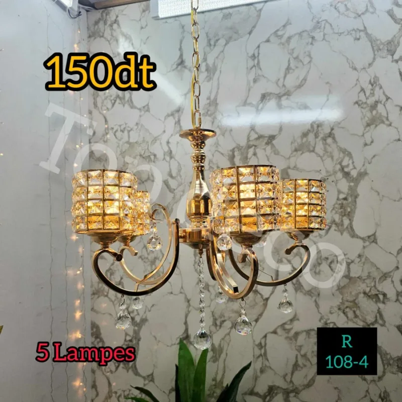 Lustre 5 Lampes Doré – Design Élégant & Moderne | Top Déco Tunisie