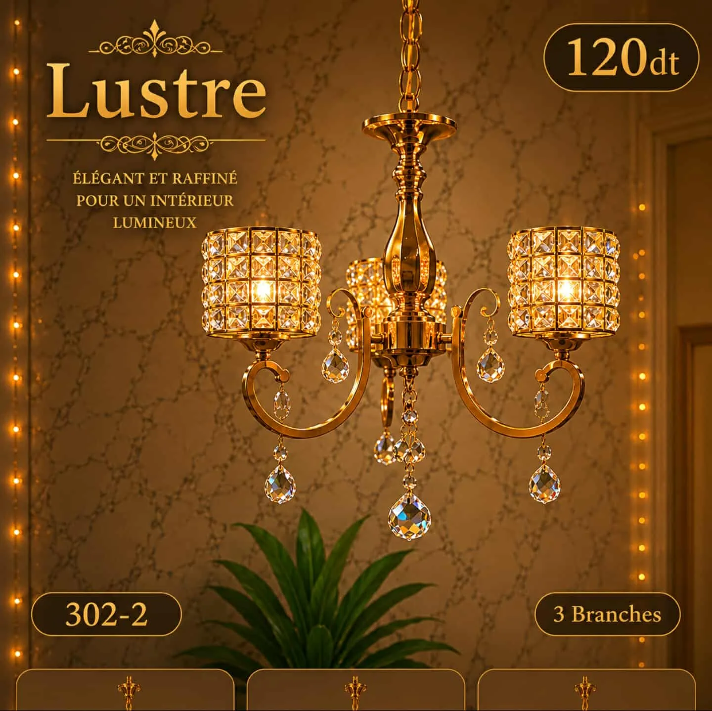 Lustre 3 Lampes Doré – Design Élégant Moderne | Top Déco Tunisie