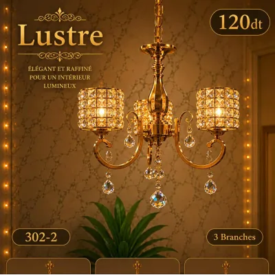 Lustre 3 Lampes Doré – Design Élégant Moderne | Top Déco Tunisie