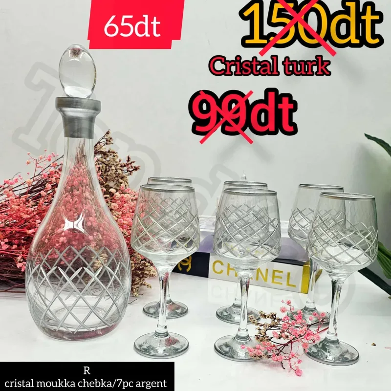 Ensemble Prestige MOUKA – Carafe Turque Argentée avec Coupes en Cristal | Top Déco Tunisie