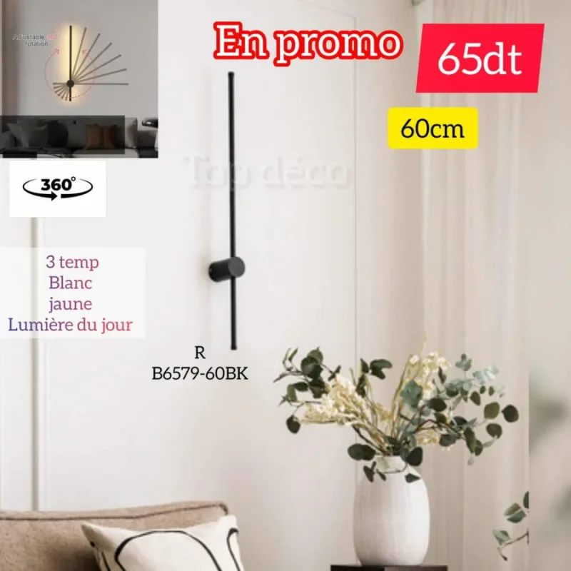 Applique Murale LED 60cm Noir – Métal & Acrylique | Top Déco Tunisie