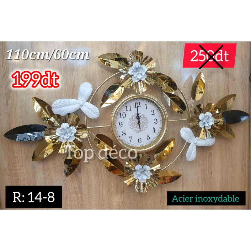 Horloge murale décorative florale – Acier inoxydable 110×60 cm 14-8 | Top Déco Tunisie
