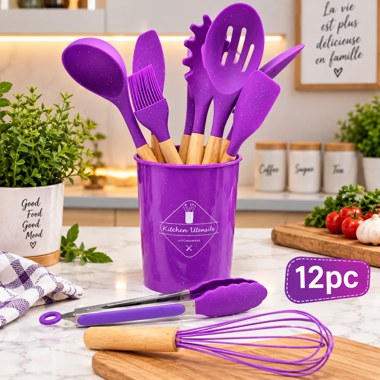 Set d’Ustensiles de Cuisine 12 Pièces Violet avec Support – Manches Effet Bois