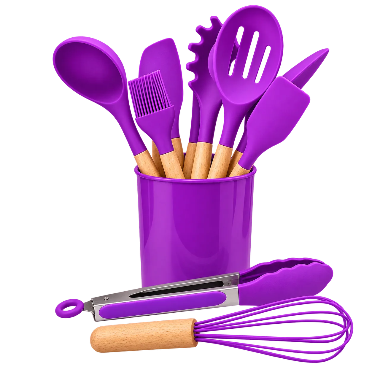 Set d’Ustensiles de Cuisine 12 Pièces Violet avec Support – Manches Effet Bois