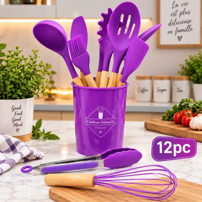 Set d’Ustensiles de Cuisine 12 Pièces Violet avec Support – Manches Effet Bois | Top Déco Tunisie