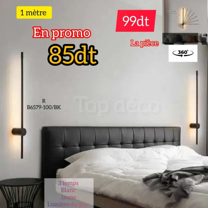 Applique Murale LED 1 métre Noir – Métal & Acrylique B6579-100/BK | Top Déco Tunisie