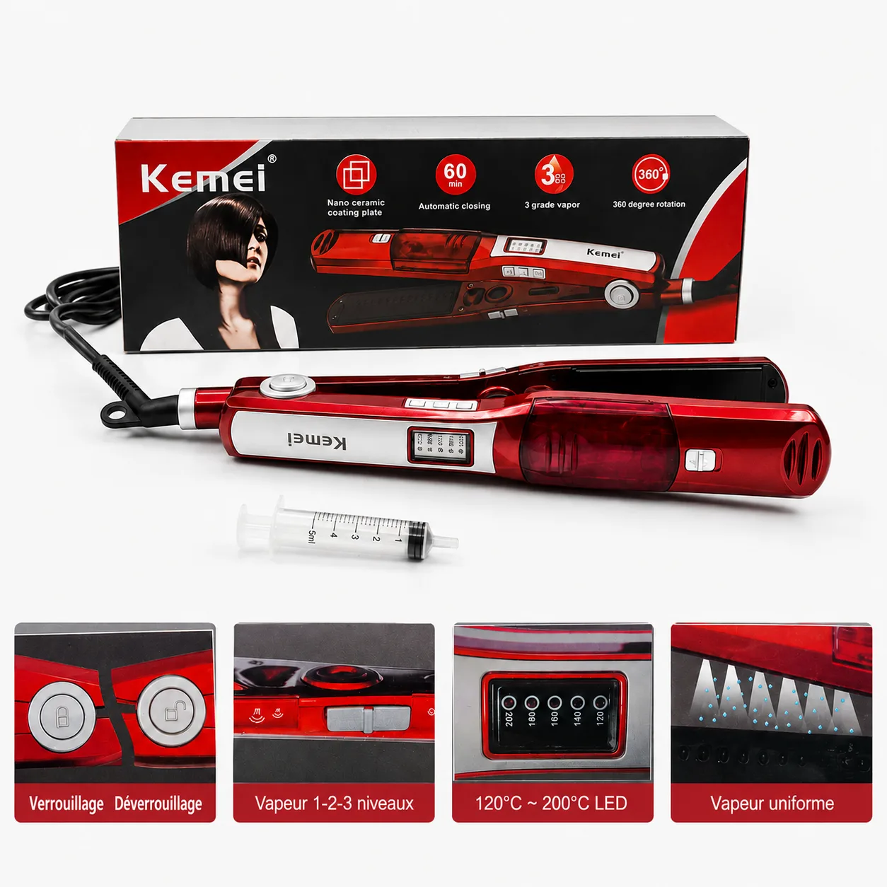 Lisseur Vapeur Kemei  – Fer à Lisser Professionnel avec Réservoir d’Eau