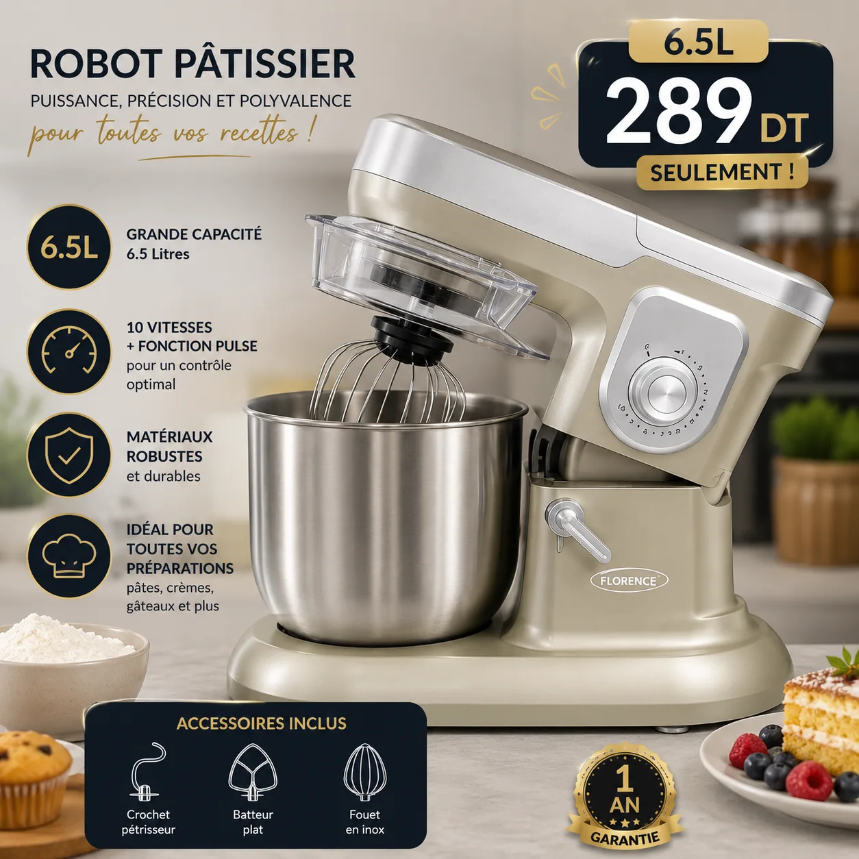 Pétrin Beige 6.5L avec Afficheur Digital – Robot Pâtissier Multifonction | Top Déco Tunisie