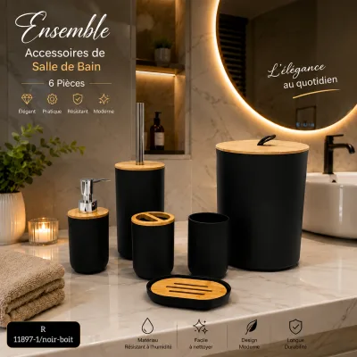 Set salle de bain 6 pièces – Couleur noir en boit| Top Déco Tunisie